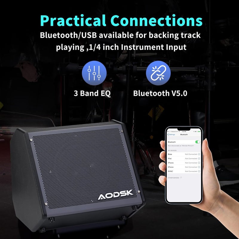 AODSK 35W Professional Electronic Drum Amplifier | Dual Speakers (8" Woofer + 2" Tweeter) | Compatible with Keyboard/Bass/Synthesizer | AUX Input + Recording Output | Treble/Mid Control - Image 4